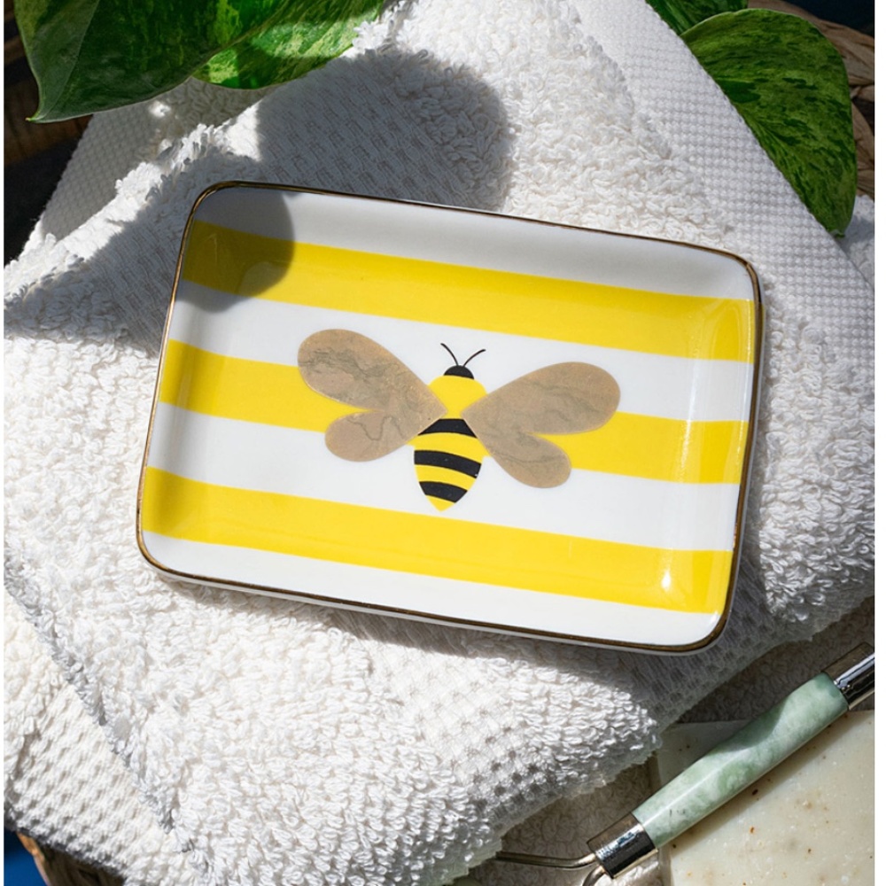 Shiny ceramic golden bee striped mini tray NWT
